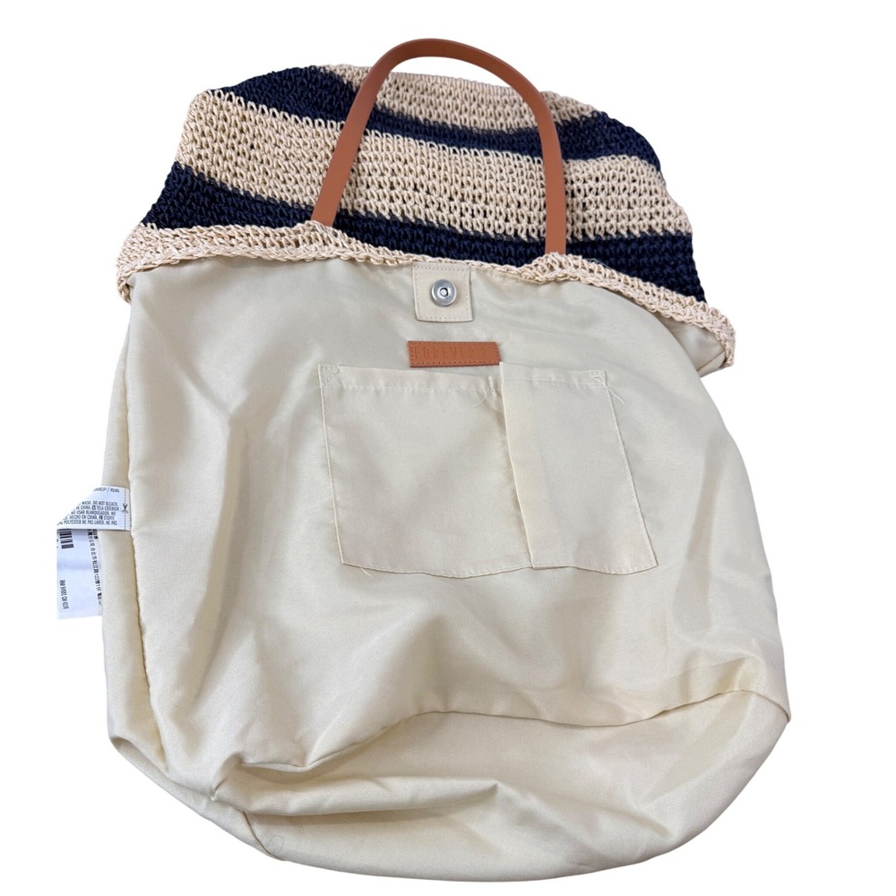 Forever 21 Straw Tote Bag Womens Navy Cream Striped Woven Beach Summer Coastal - Picture 10 of 11